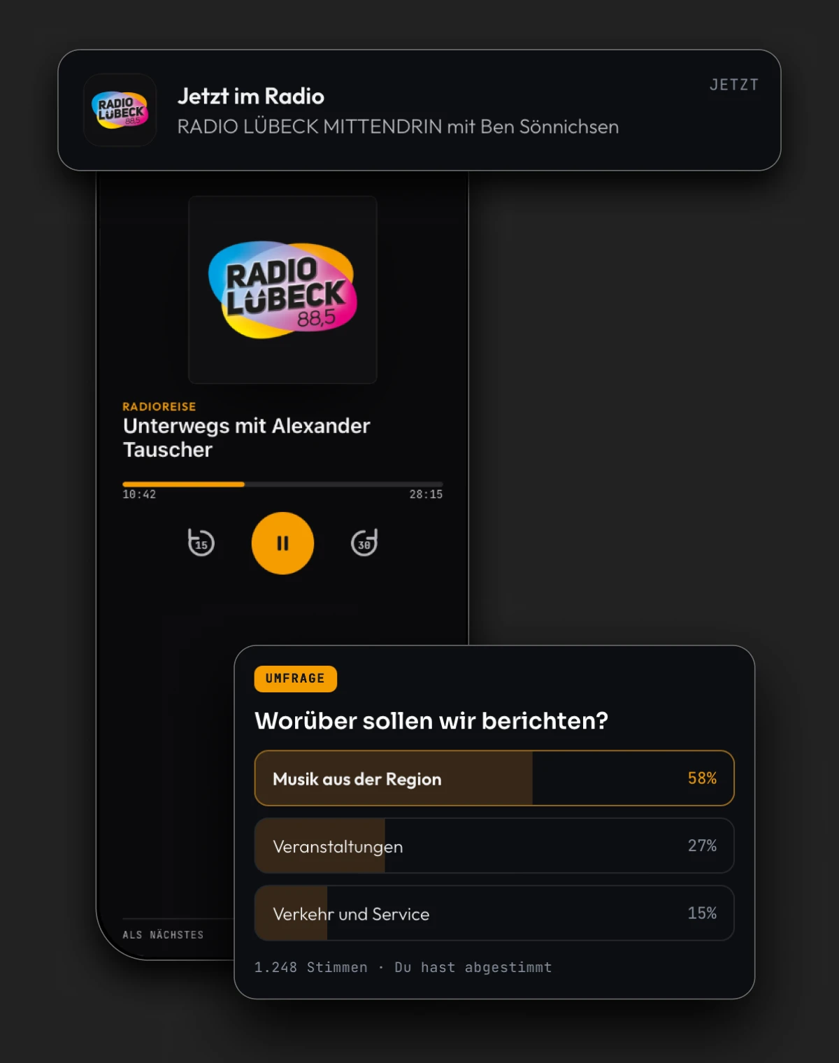 Ekko-App von Radio Lübeck mit Push-Mitteilung, Podcast-Player und Hörerumfrage