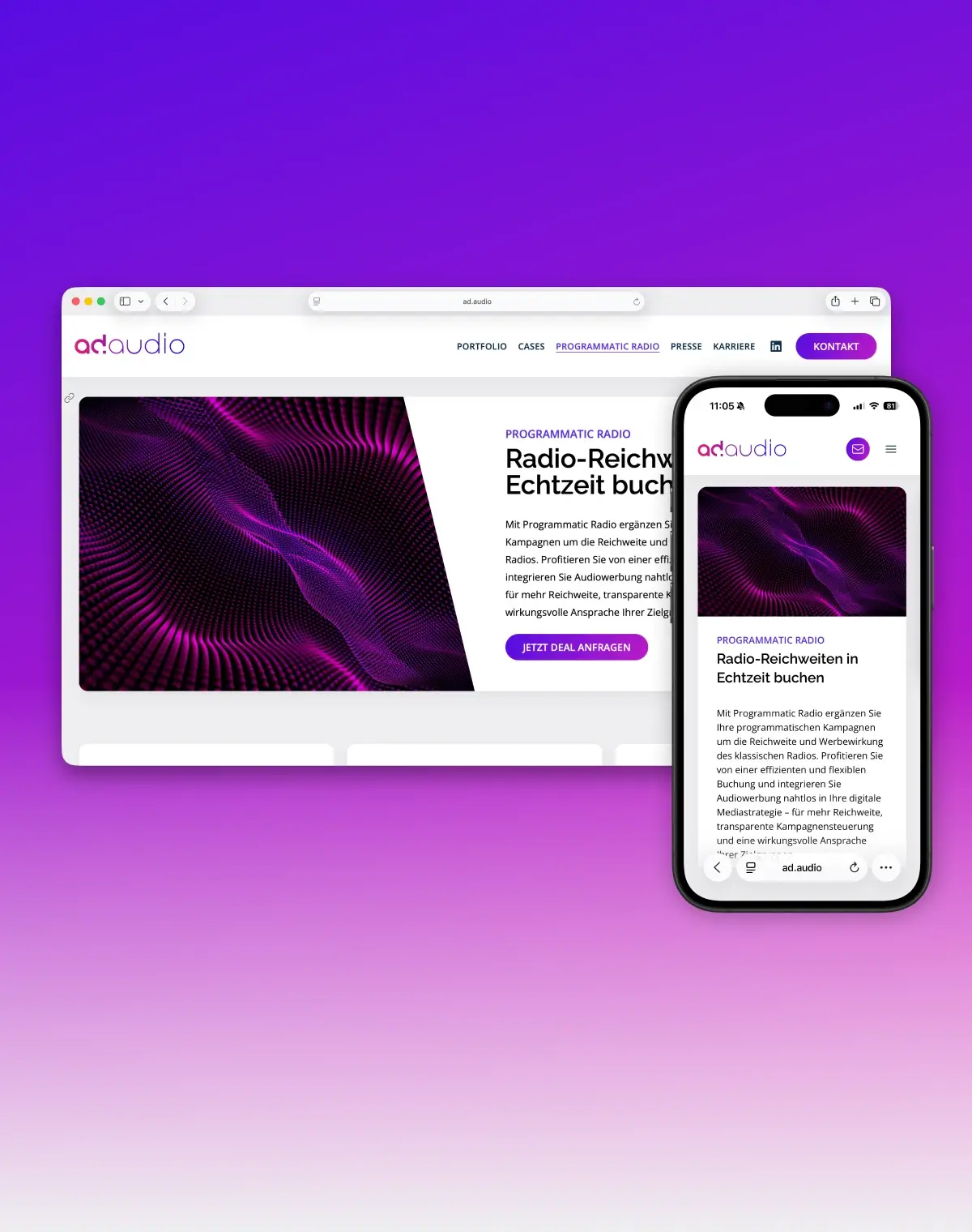 Seite Programmatic Radio von ad.audio auf Desktop und Smartphone