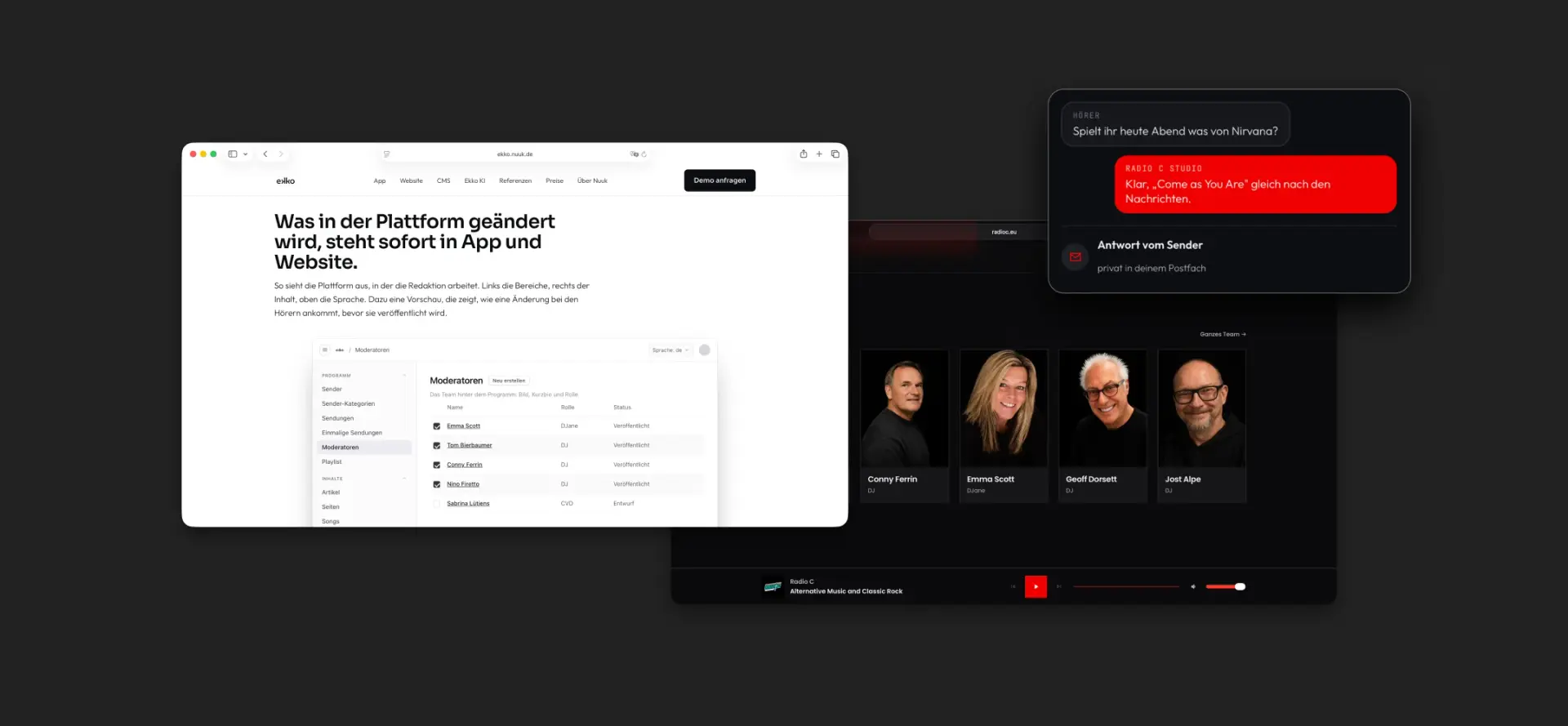 Ekko-CMS mit der Moderatorenliste, daneben die Website von Radio C und eine Antwort der Redaktion an einen Hörer