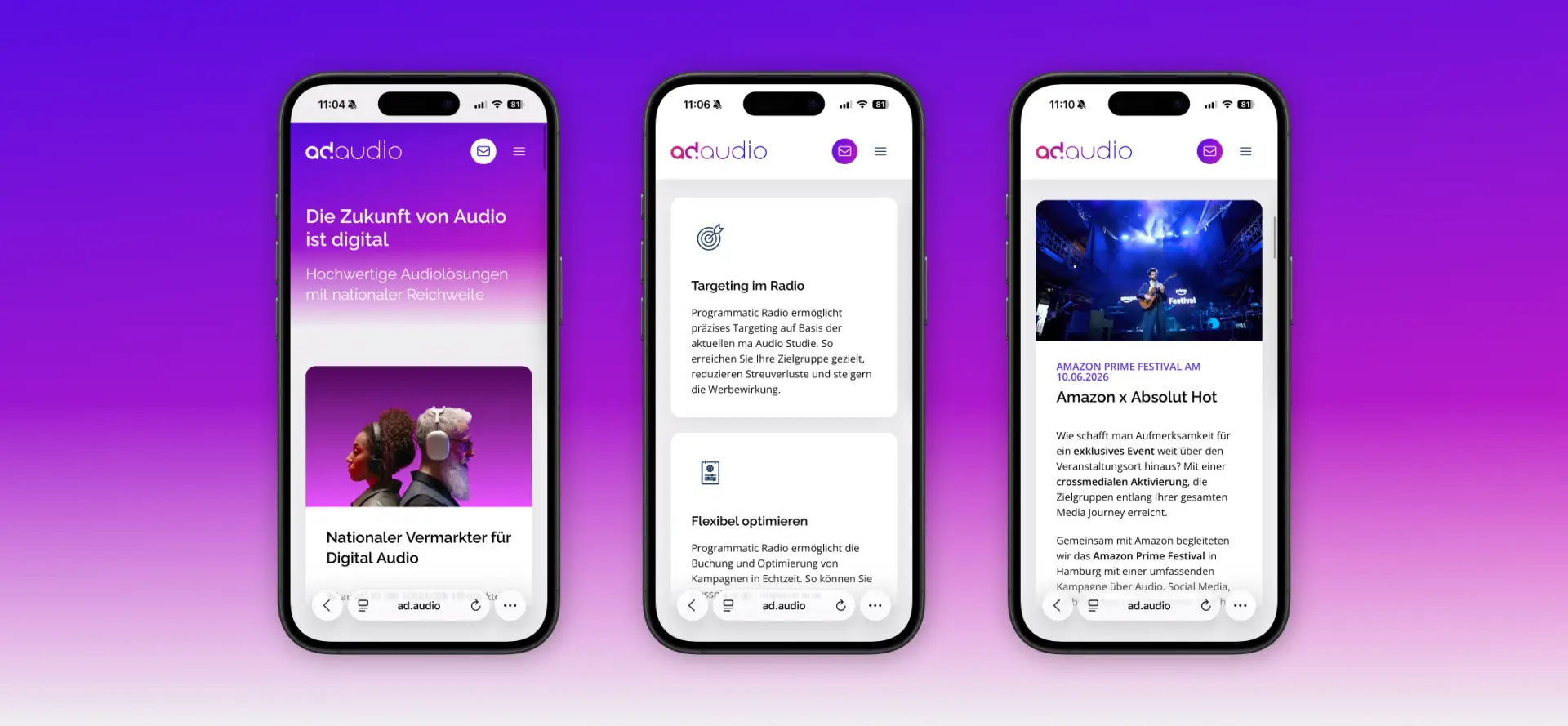 Mobile Ansichten von ad.audio: Startseite, Programmatic Radio und Case „Amazon x Absolut Hot“