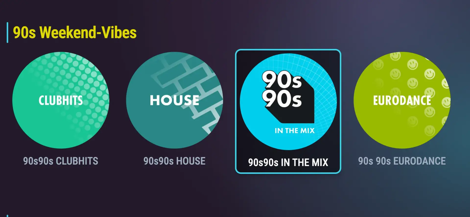 Reihe „90s Weekend-Vibes“ der 90s90s Smart-TV-App mit Clubhits, House, In the Mix und Eurodance