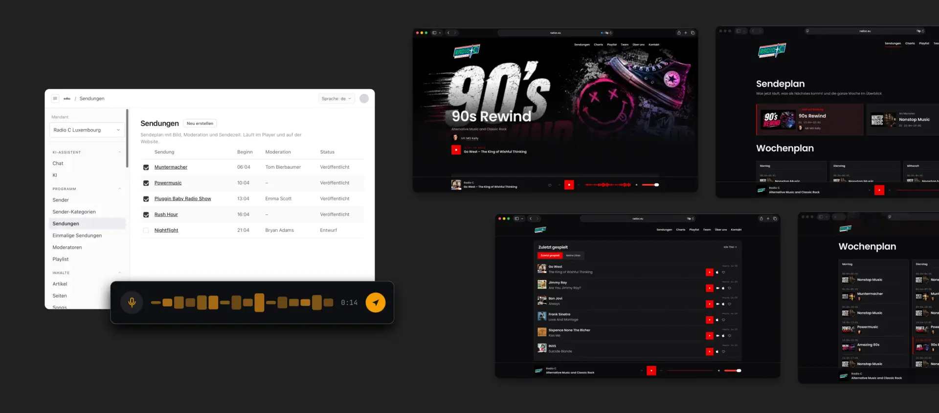 Sendeplan im Ekko-CMS, Sprachnachricht und Website-Ansichten von Radio C mit Sendung, Wochenplan und Playlist