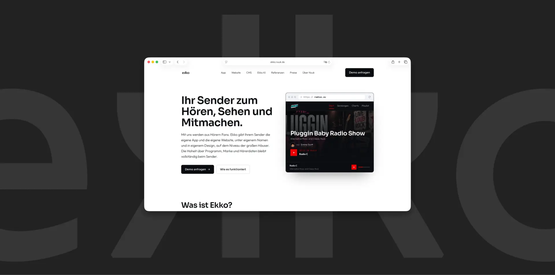 Startseite von ekko.nuuk.de mit der Website von Radio C als Beispiel