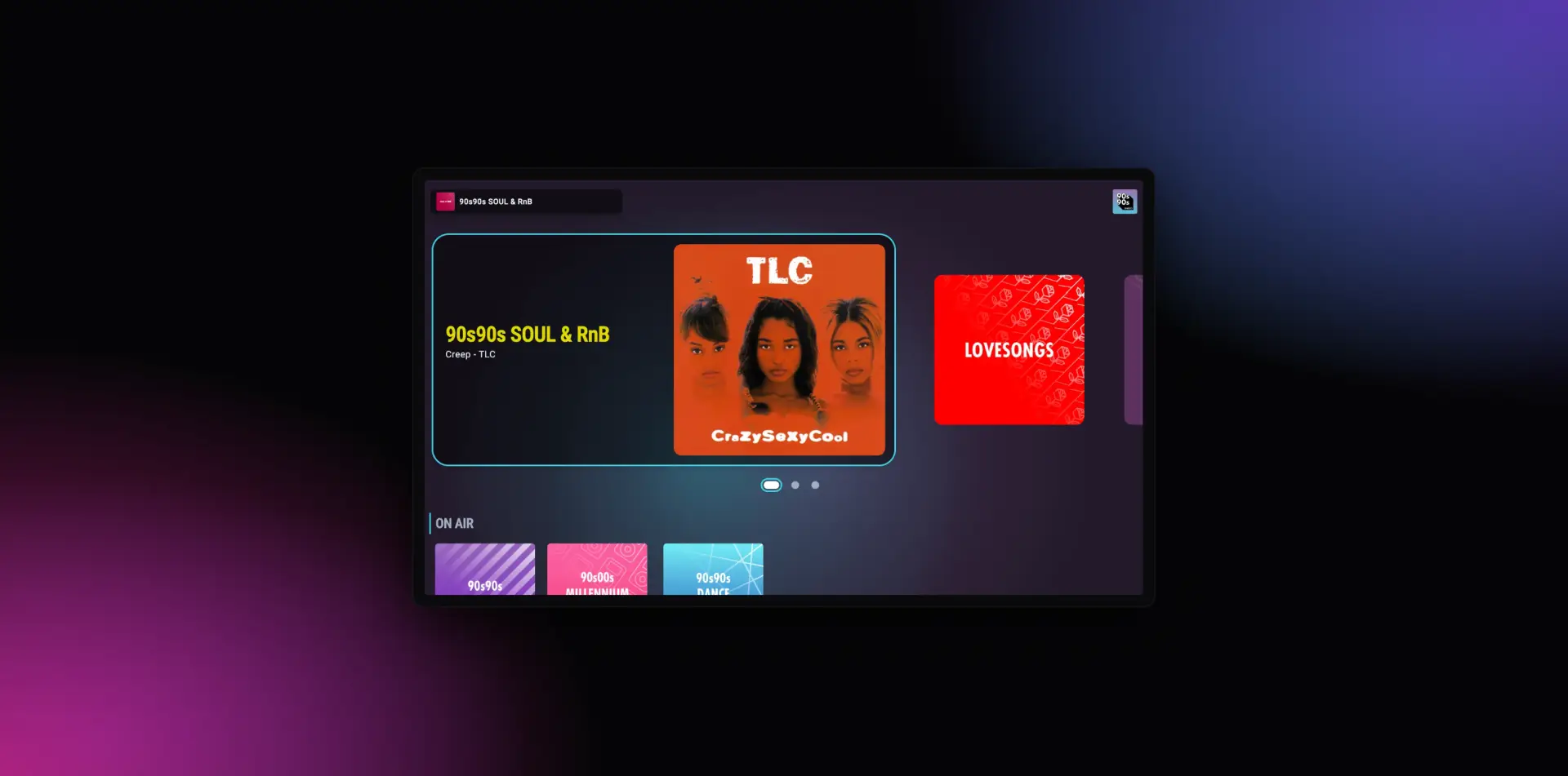 Smart-TV-App von 90s90s mit Startseite, Stream „90s90s Soul & RnB“ und Reihe „On Air“