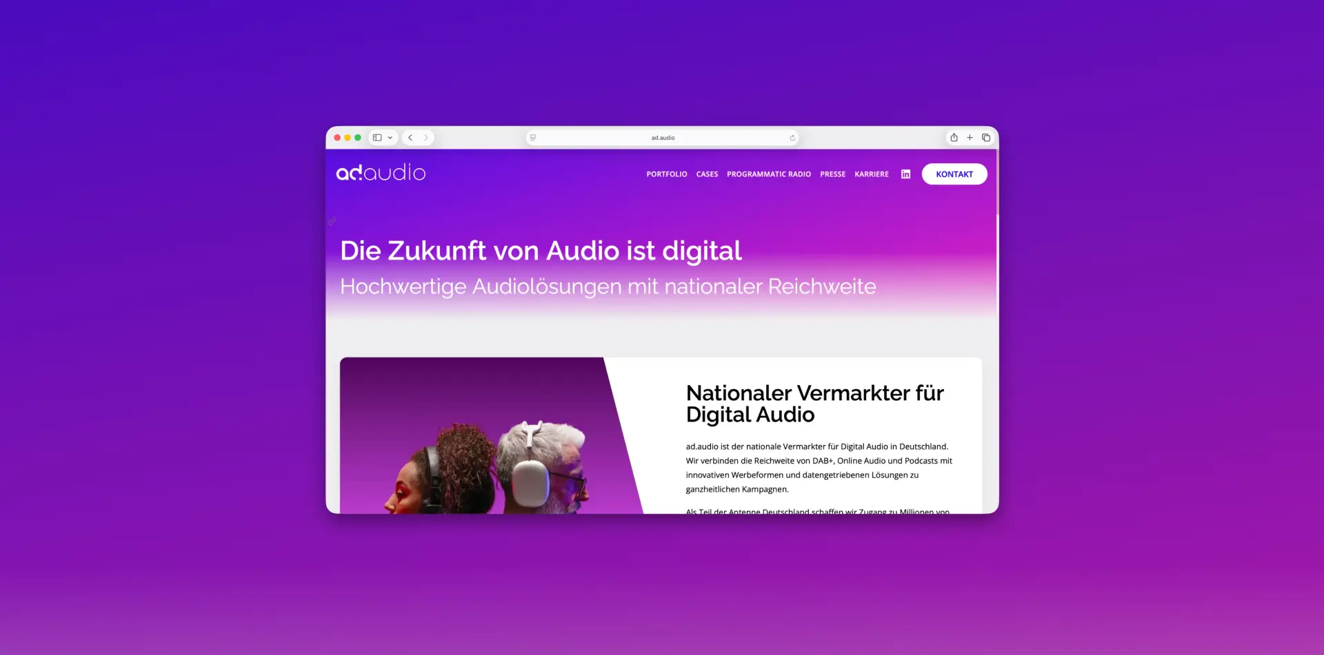 Startseite von ad.audio mit dem Claim „Die Zukunft von Audio ist digital“